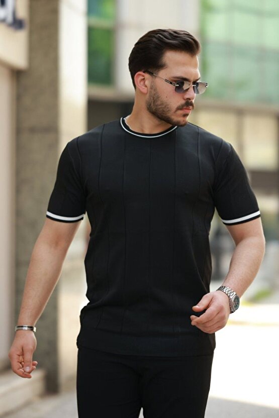 Myterrax Erkek Bisiklet Yaka Çizgi Desenli Ribanalı Kısa Kollu Tshirt