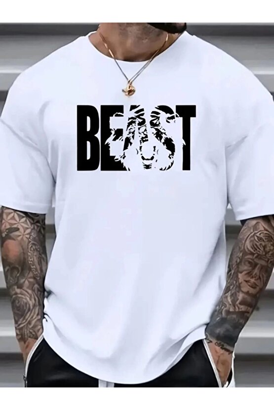 Baskılı Oversize Bisiklet Yaka T-shirt - Beyaz