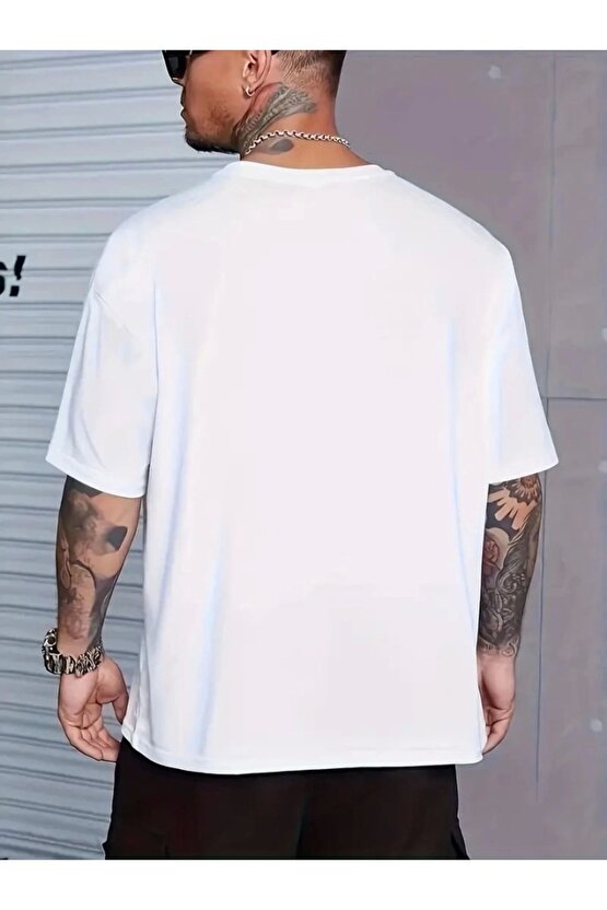 Baskılı Oversize Bisiklet Yaka T-shirt - Beyaz