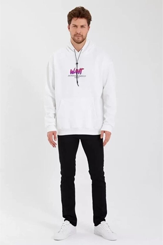 Erkek Baskılı Üç Iplik Kapüşonlu Oversize Sweatshirt - Beyaz