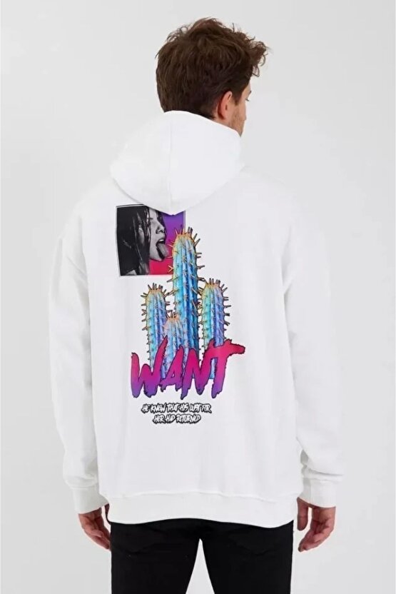 Erkek Baskılı Üç Iplik Kapüşonlu Oversize Sweatshirt - Beyaz