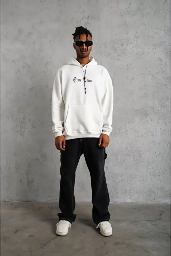 eyesof Erkek Sırt Baskılı Oversize Üç İplik Kapüşonlu Sweatshirt - Beyaz