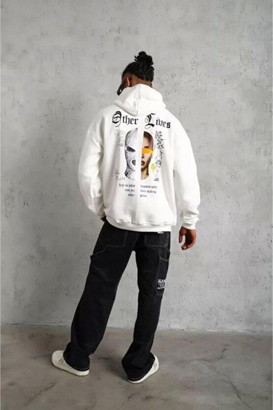 eyesof Erkek Sırt Baskılı Oversize Üç İplik Kapüşonlu Sweatshirt - Beyaz