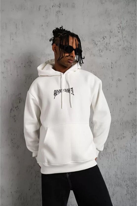 Moda Shop & Butik Erkek Kordon Ipli Baskılı Kapüşonlu Sweatshirt - Beyaz