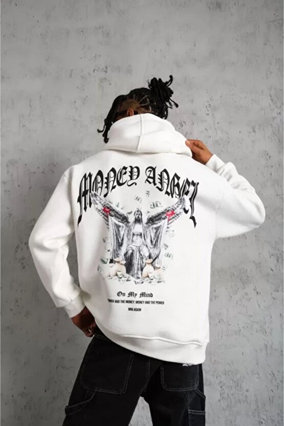 Moda Shop & Butik Erkek Kordon Ipli Baskılı Kapüşonlu Sweatshirt - Beyaz
