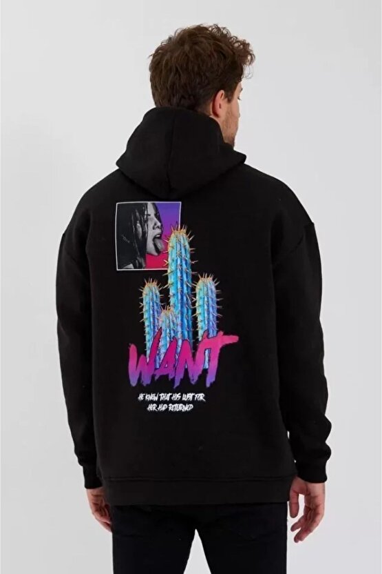 Moda Shop & Butik Erkek Baskılı Üç Iplik Kapüşonlu Oversize Sweatshirt - Siyah