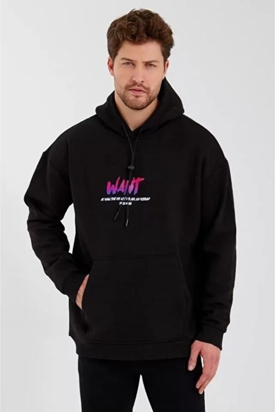 Moda Shop & Butik Erkek Baskılı Üç Iplik Kapüşonlu Oversize Sweatshirt - Siyah