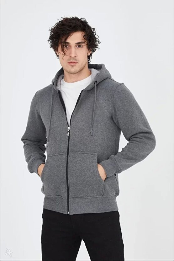 Unisex Tam Fermuarlı Kapşonlu Sweatshirt - Füme