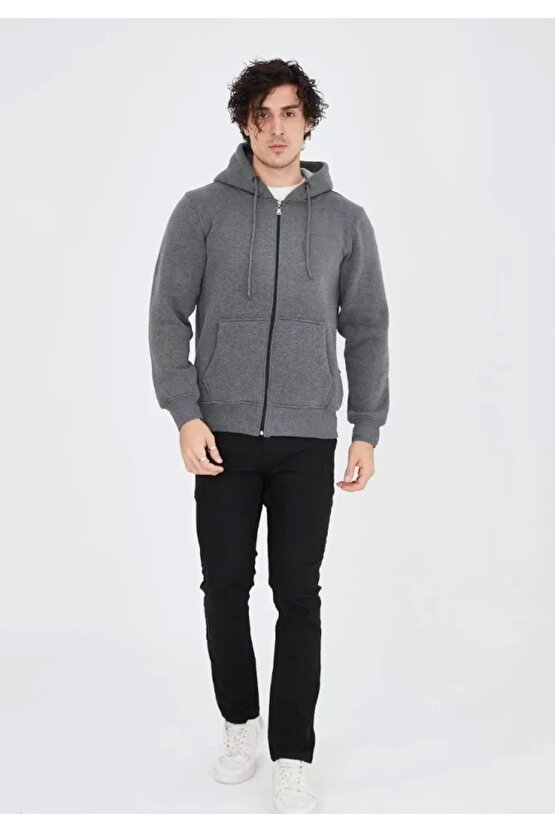 Unisex Tam Fermuarlı Kapşonlu Sweatshirt - Füme
