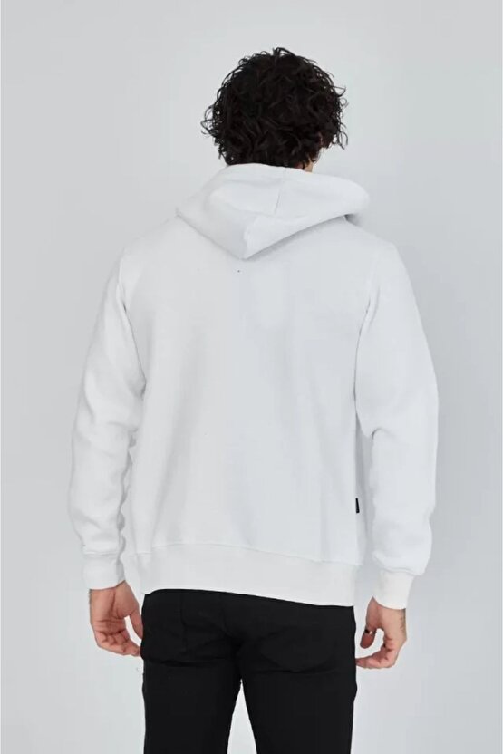 Unisex Tam Fermuarlı Kapşonlu Sweatshirt - Beyaz