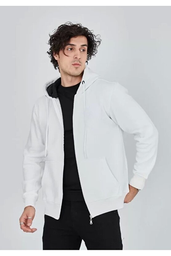 Unisex Tam Fermuarlı Kapşonlu Sweatshirt - Beyaz