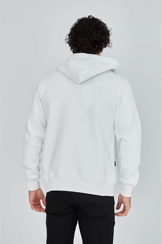 Unisex Tam Fermuarlı Kapşonlu Sweatshirt - Beyaz