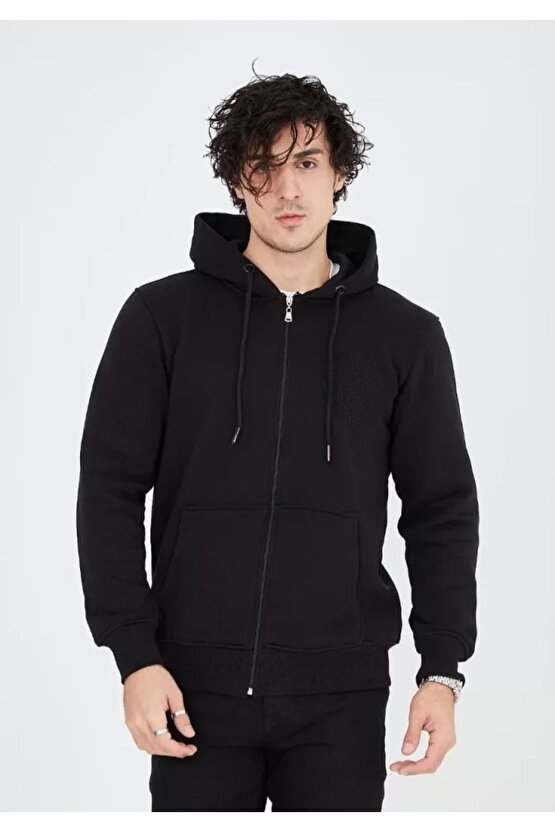 Unisex Tam Fermuarlı Kapşonlu Sweatshirt - Siyah