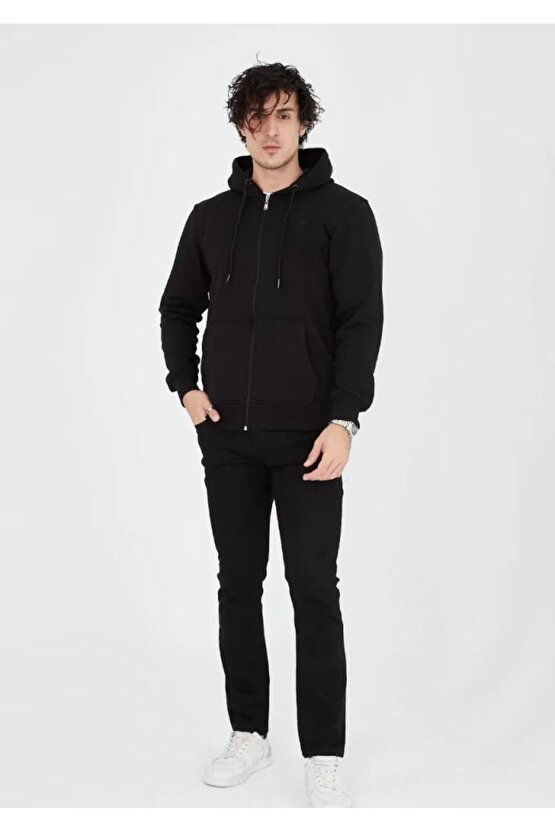 Unisex Tam Fermuarlı Kapşonlu Sweatshirt - Siyah