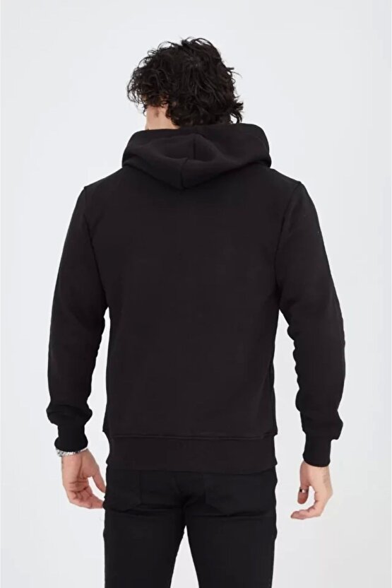 Unisex Tam Fermuarlı Kapşonlu Sweatshirt - Siyah