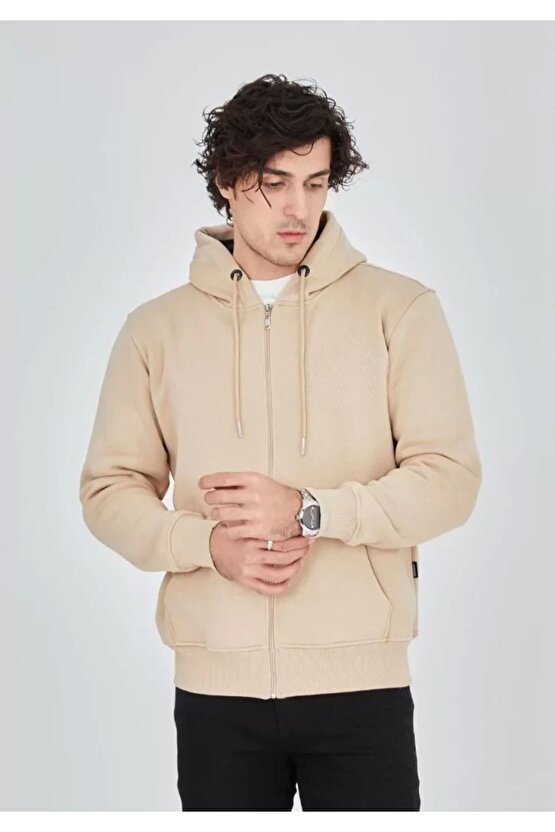 Unisex Tam Fermuarlı Kapşonlu Sweatshirt - Bej