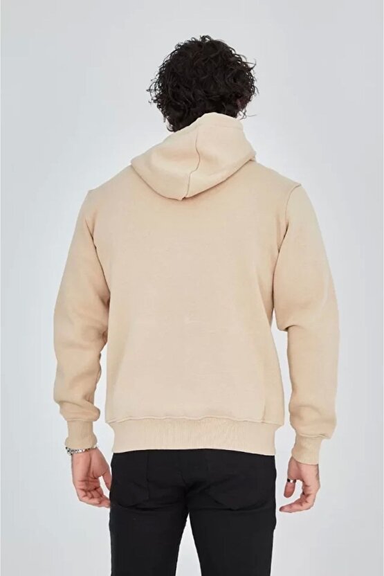 Unisex Tam Fermuarlı Kapşonlu Sweatshirt - Bej