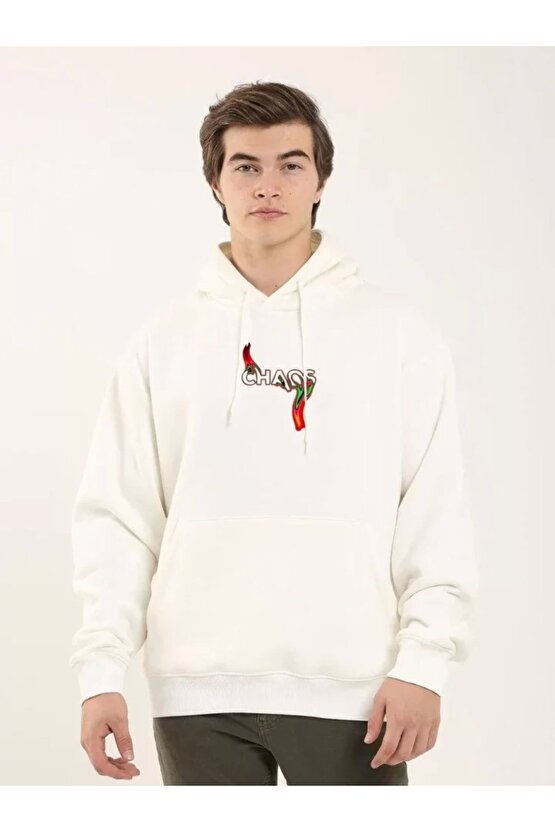 Unisex Baskılı Oversize Üç Iplik Kapüşonlu Sweatshirt - Beyaz