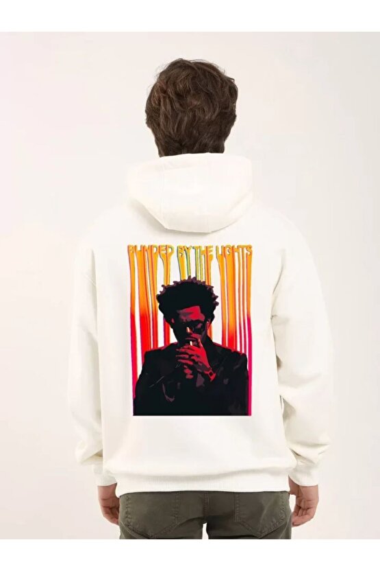 Unisex Baskılı Oversize Üç Iplik Kapüşonlu Sweatshirt - Beyaz