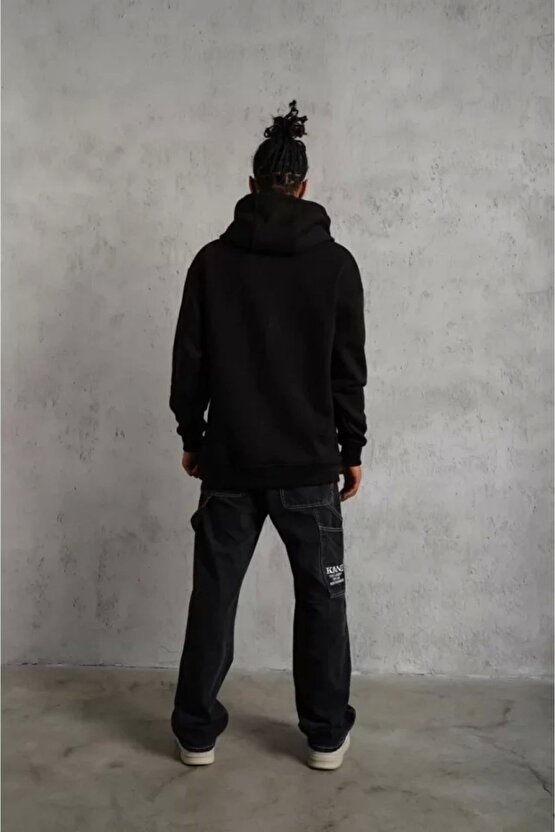 3 Iplik Kapşonlu Sweatshirt Hoodie - Siyah