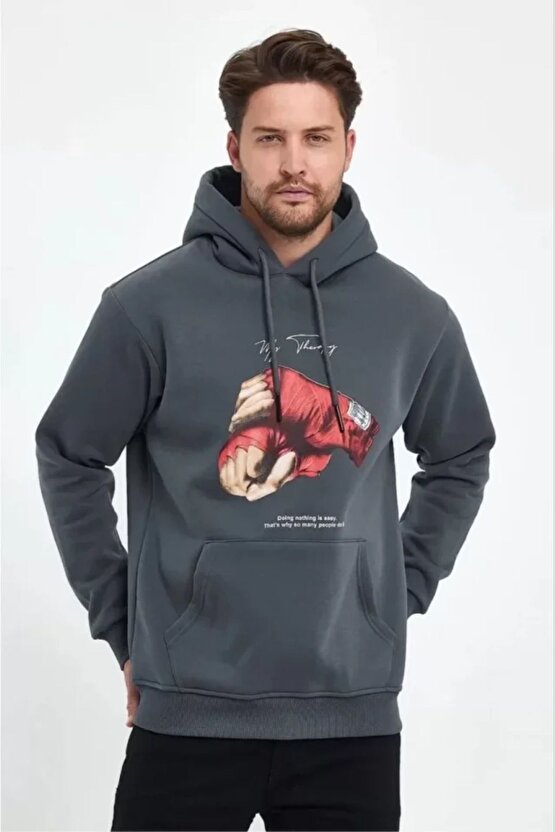 Mottisfashion Unisex Kapüşonlu Üç Iplik Oversize Baskılı Sweatshirt - Gri