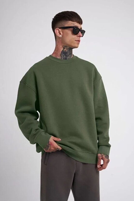 Moda Shop & Butik Unisex Biskilet Yaka Üç Iplik Sweatshirt - Haki