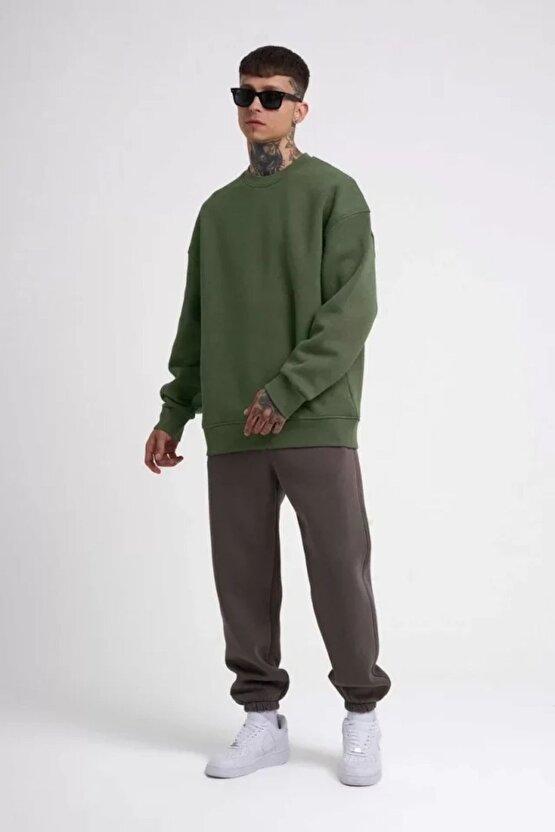 Moda Shop & Butik Unisex Biskilet Yaka Üç Iplik Sweatshirt - Haki