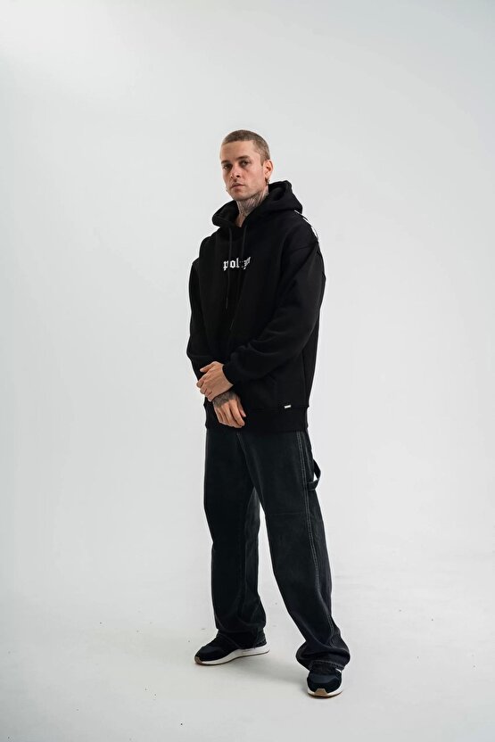 Kapşonlu Double Oversize Dijital Patchli Sweatshirt - Siyah