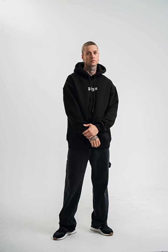 Kapşonlu Double Oversize Dijital Patchli Sweatshirt - Siyah