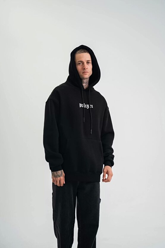 Kapşonlu Double Oversize Dijital Patchli Sweatshirt - Siyah