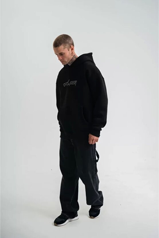 Kapşonlu Double Oversize Yıkamalı Evalı Nakışlı SweatShirt - Siyah