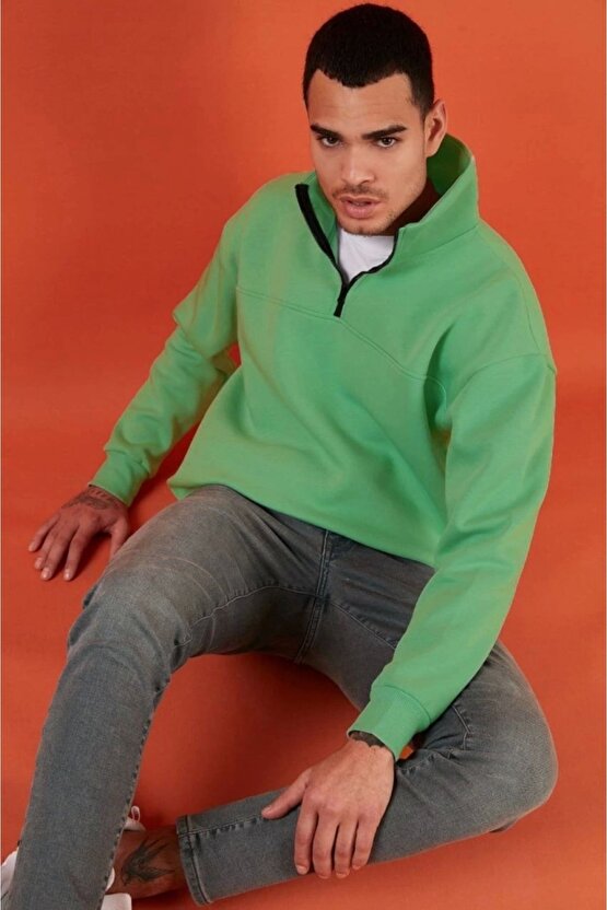 Oversize Yarım Farmuarlı Yakalı Basic SweatShirt - Yeşil