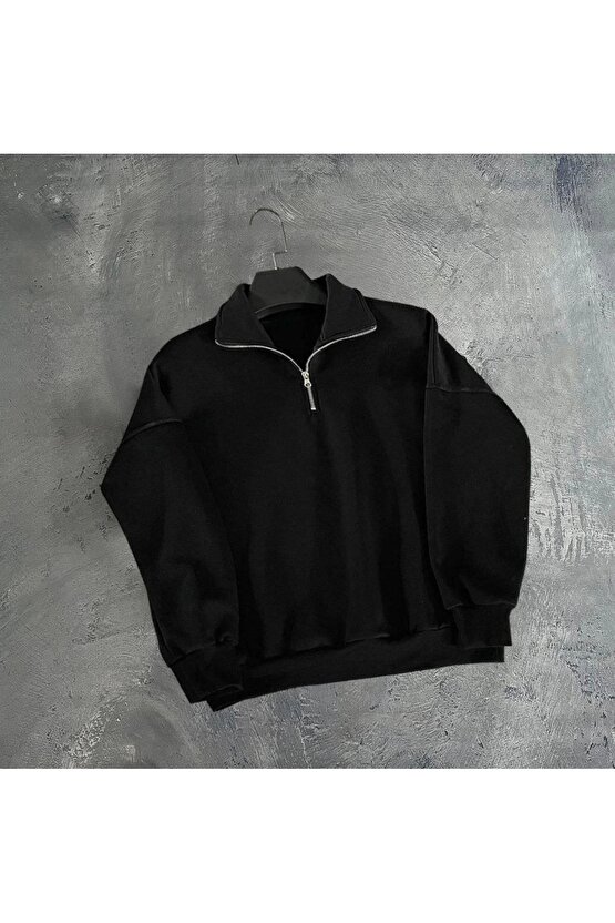 Erkek Yarım Fermuarlı Üç İplik Sweatshirt - Siyah