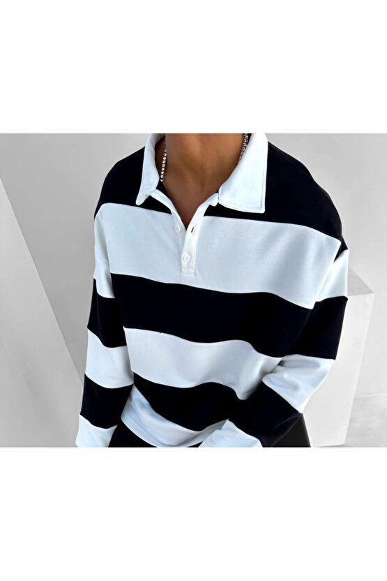 Unisex Üç İplik Parçalı Yakalı SweatShirt - Siyah