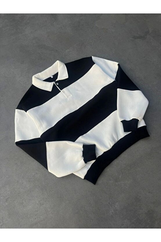 Unisex Üç İplik Parçalı Yakalı SweatShirt - Siyah
