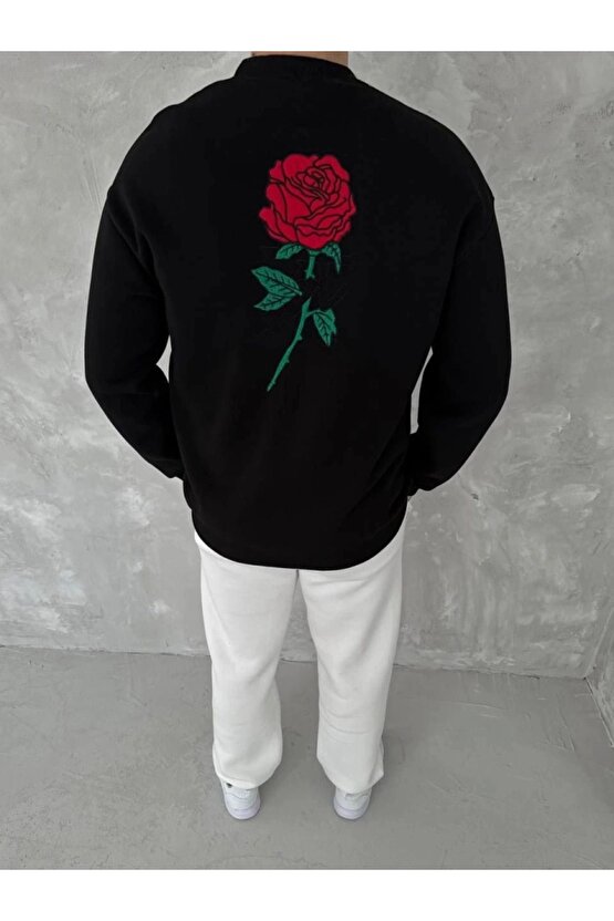 Unisex Bisiklet Yaka Ön Ve Arka Baskılı SweatShirt - Siyah