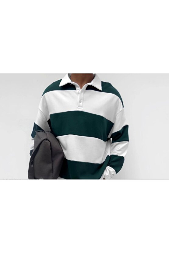 Unisex Üç İplik Parçalı Yakalı SweatShirt - Yeşil