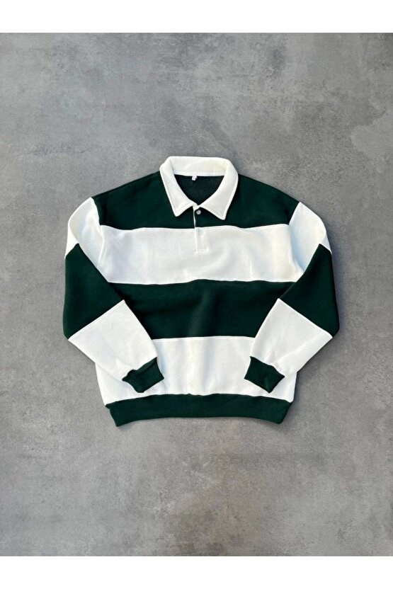 Unisex Üç İplik Parçalı Yakalı SweatShirt - Yeşil