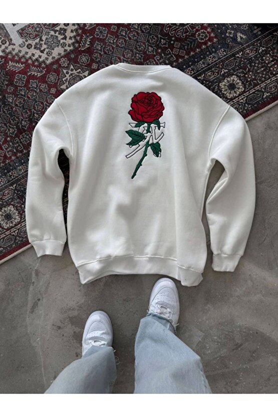 Unisex Bisiklet Yaka Ön Ve Arka Baskılı SweatShirt - Beyaz