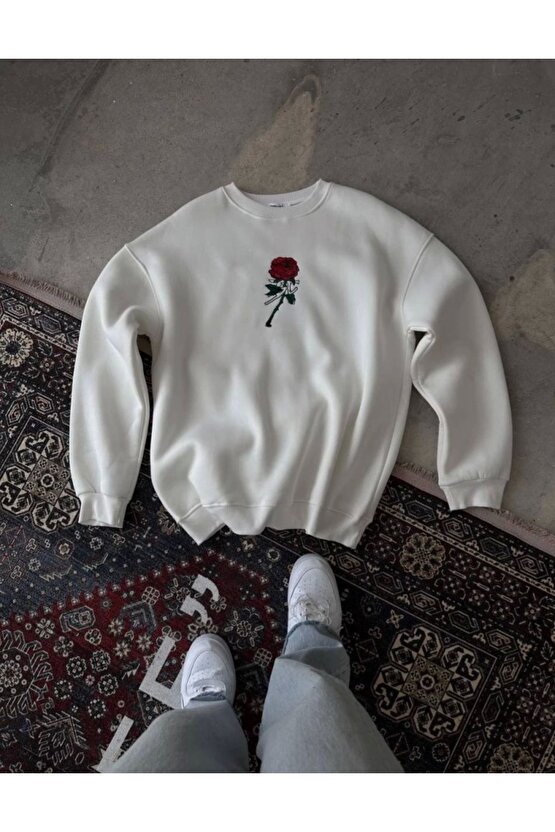 Unisex Bisiklet Yaka Ön Ve Arka Baskılı SweatShirt - Beyaz