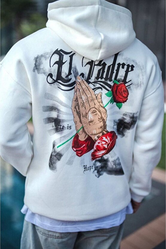 Moda Shop & Butik Üç Iplik Penye Kapşonlu Baskılı Sweatshirt - Beyaz