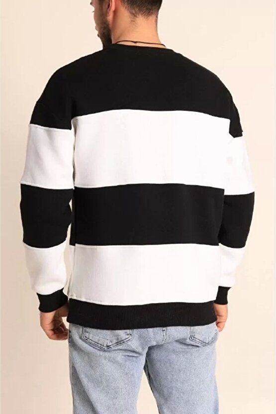 Parçalı Bisiklet Yaka Baskılı Sweatshirt - Siyah