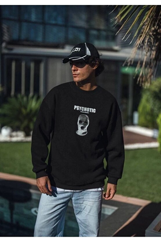 Kışlık Bisiklet Yaka Baskılı SweatShirt - Siyah