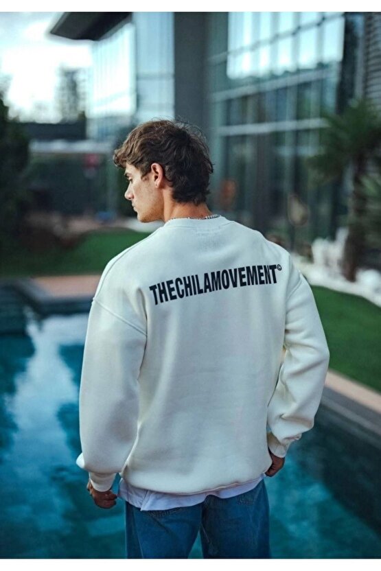 Kışlık Bisiklet Yaka Oversize Baskılı SweatShirt - Beyaz