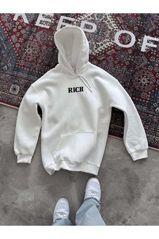 Gelirr Uzun Kol Kapşonlu Göğüs Baskılı Sweatshirt - Beyaz