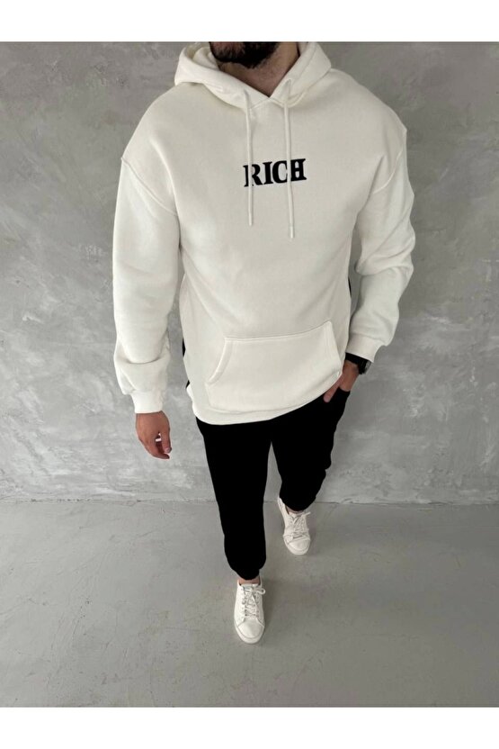 Gelirr Uzun Kol Kapşonlu Göğüs Baskılı Sweatshirt - Beyaz