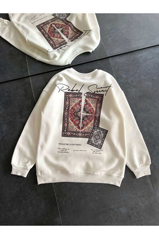 Ahes Shopping Bisiklet Yaka Baskılı Sweatshirt - Beyaz