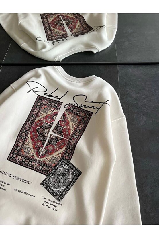 Ahes Shopping Bisiklet Yaka Baskılı Sweatshirt - Beyaz
