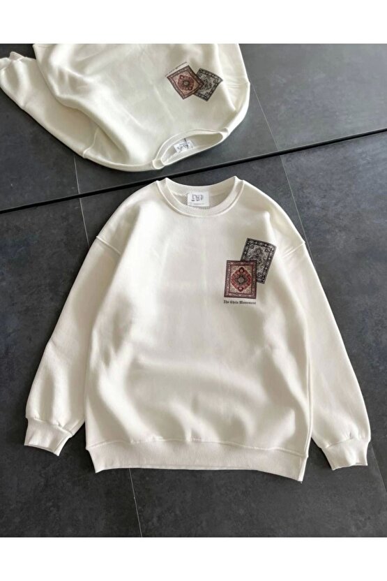 Ahes Shopping Bisiklet Yaka Baskılı Sweatshirt - Beyaz