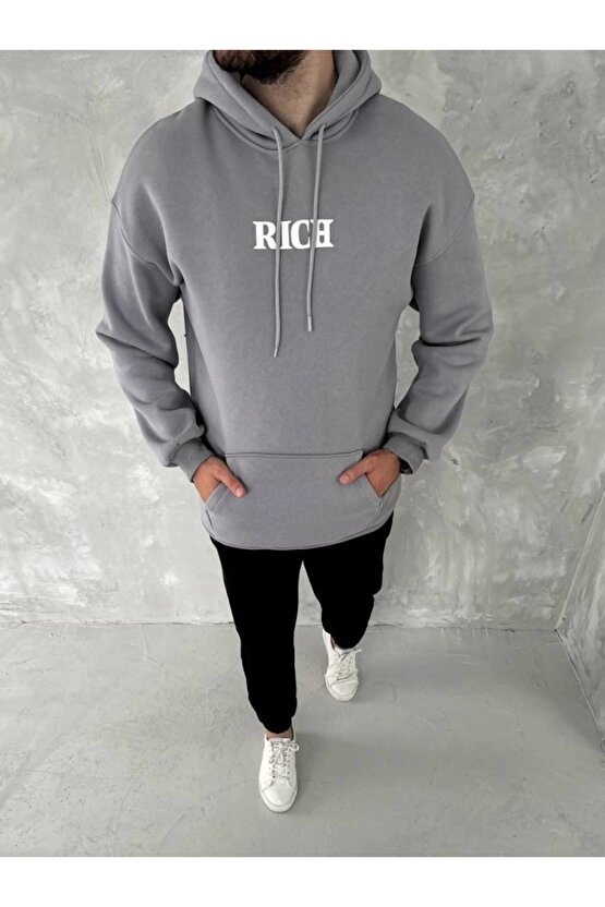 Uzun Kol Kapşonlu Göğüs Baskılı SweatShirt - Gri